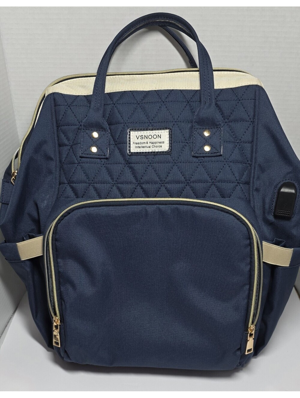VSNOON Travel Laptop Backpack Navy & Beige Multiple Compartments w/Built-In USB